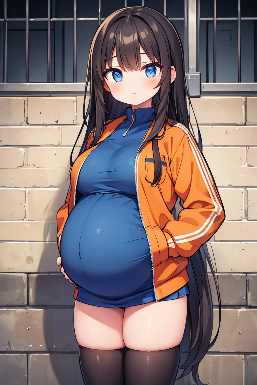 (high quality), 1girl, young girl, long dark hair, prisoner, (pregnant), orange prison uniform, jacket, standing, prison background, blueprint, (comfortable expressions, detailed eyes, facing at front)