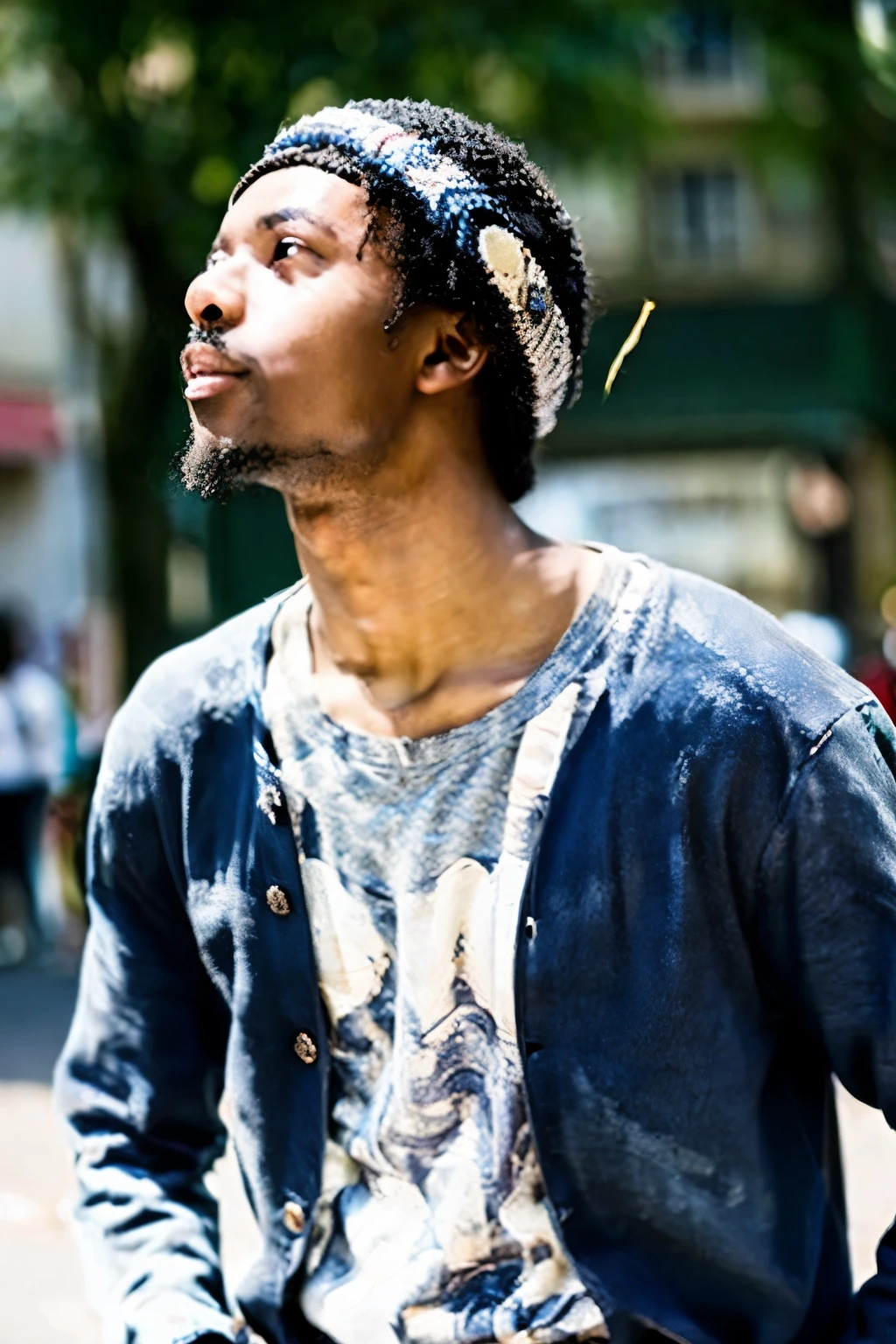 Franck un homme étudiant africain brillant pauvre et triste marche dans la rue