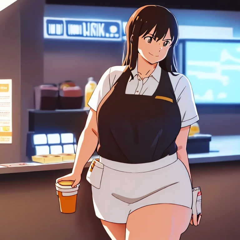 big breasts, thick thighs, mature woman, long dark brown hair, smiling affectionately, in the style of Makoto Shinkai, in a shut down Wendy's at nighttime