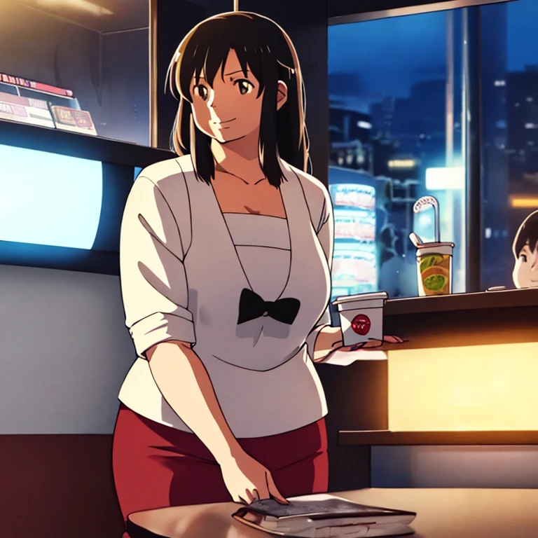 big breasts, thick thighs, mature woman, long dark brown hair, smiling affectionately, in the style of Makoto Shinkai, in a shut down Wendy's at nighttime