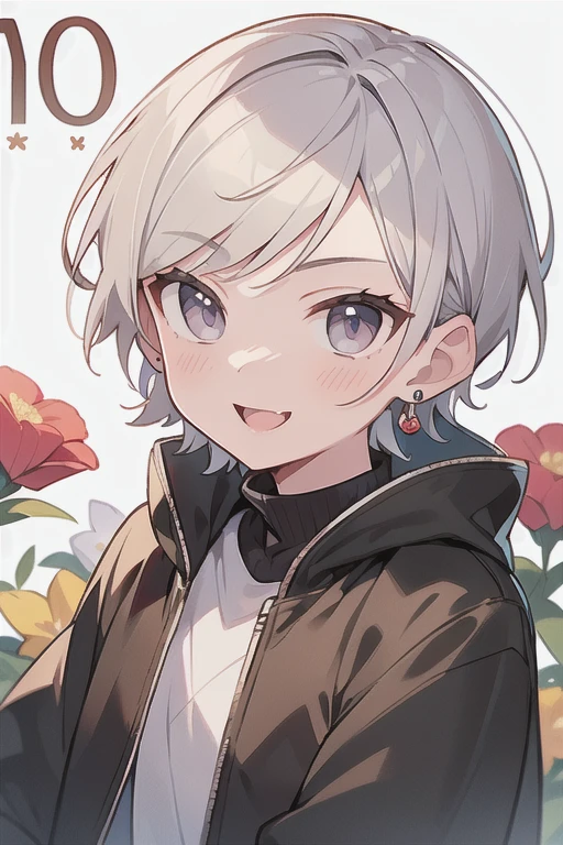 Highest quality, (high quality),eye highlights,arms are thin, thin body,face,from front, (portrait),look at viewer,have flowers,very happy smile,Pouting mouth,open your mouth and laugh,(((10 years old))), (1 boy),(silver hair),(very short hair),earrings,parka,illustration,anime style,