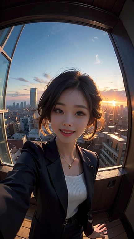 One girl, Korean, Fisheye Lens, Selfie, Wind, Messy Hair, sunset, Cityscape, (Aesthetics and atmosphere:1.2),smile