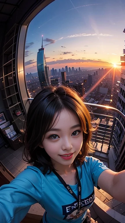 One girl, Korean, Fisheye Lens, Selfie, Wind, Messy Hair, sunset, Cityscape, (Aesthetics and atmosphere:1.2),smile
