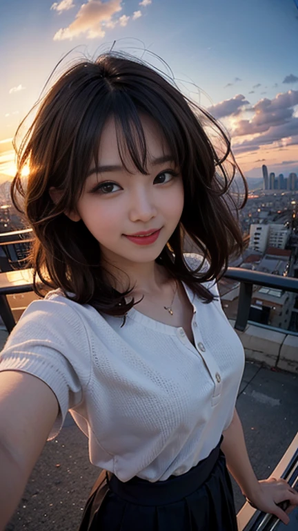 One girl, Korean, Fisheye Lens, Selfie, Wind, Messy Hair, sunset, Cityscape, (Aesthetics and atmosphere:1.2),smile