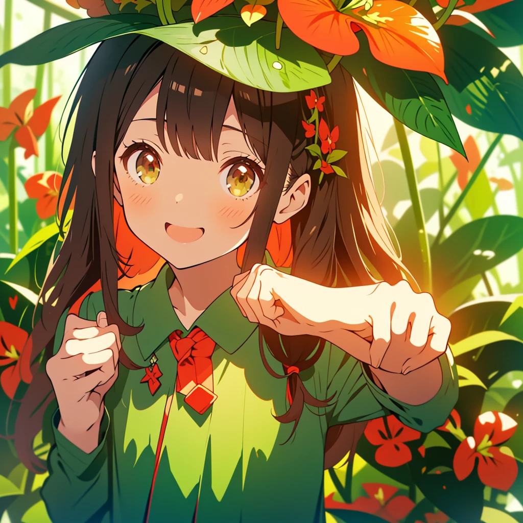 kawaii, anime, Cute, hyper quality, highly detailed, 8k, Clarity, Draw facial expressions in detail, Girl with long dark brown hair and green eyes, anthurium, raise the index fingers of both hands, red anthurium, celebration, smile, raise your index finger, point up with your index finger, 