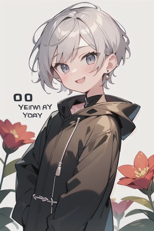 Highest quality, (high quality),eye highlights,arms are thin, thin body,face,from front, (portrait),look at viewer,have flowers,very happy smile,Pouting mouth,open your mouth and laugh,(((10 years old))), (1 boy),(silver hair),(very short hair),earrings,parka,illustration,anime style,