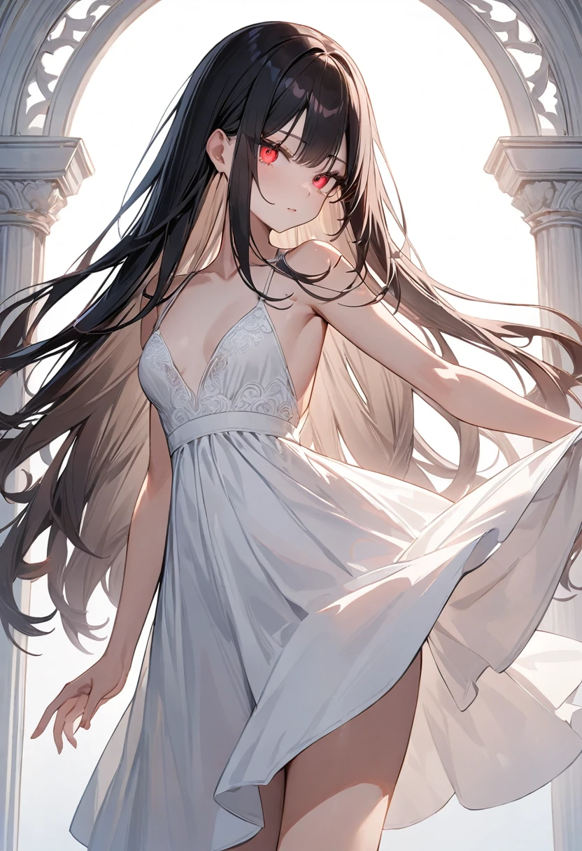 (masterpiece, top quality, very aesthetic, 4k、illustration), intricate detail, 1woman,、solo,contrapposto glowing eyes、,(cowboy shot)、(),beautiful face、from side、clear face、straight hair、red to black gradient hair、,middle hair,sidelock ,red　eyes、white Summer Dresses、small breasts、Slim 、