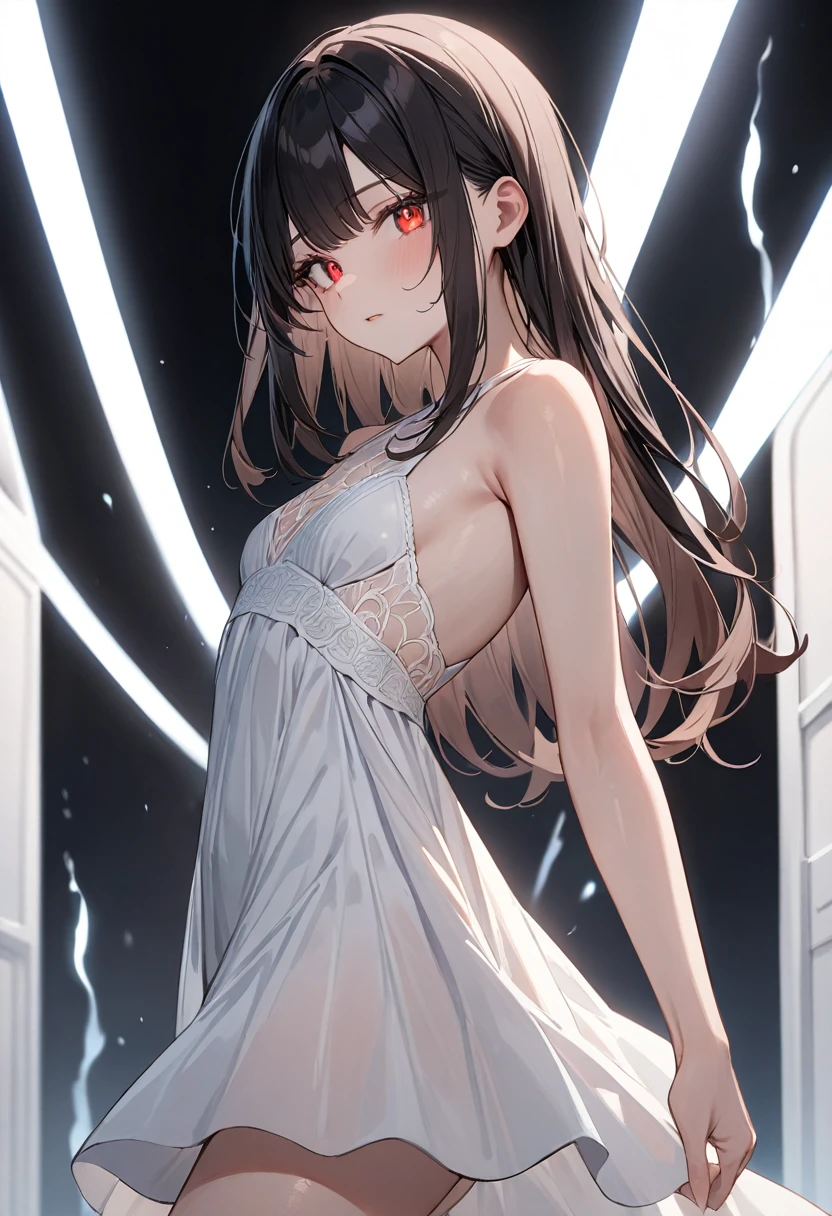 (masterpiece, top quality, very aesthetic, 4k、illustration), intricate detail, 1woman,、solo,contrapposto glowing eyes、,(cowboy shot)、(),beautiful face、from side、clear face、straight hair、red to black gradient hair、,middle hair,sidelock ,red　eyes、white Summer Dresses、small breasts、Slim 、