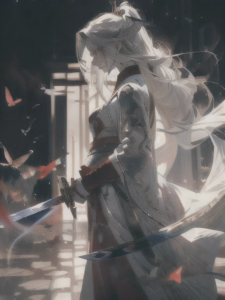 (Fidelity: 1.4), Best Quality, Masterpiece, Ultra High Resolution, Poster, 8K, Fantasy Art, Dynamic Lighting, Art Station, Poster, Volume Lighting, Very Detailed Faces, 4k Wallpaper, Award-Winner, A Girl with a Long Sword Sword, White Hair, Long Silver Hair, Red Hair Ornament, Long Hair Flowing, Red Eyes, White Clothes, White Tulle Coat, Clothes Fluttering, Slashing Action, Red Belt, Red Blade, Red Butterfly, Dynamic Perspective, Dramatic Composition, (Ultra: 1.4), ancient Chinese battlefield background, blood stains, many enemies, movie lighting, big pregnant belly, pregnant 40 weeks.