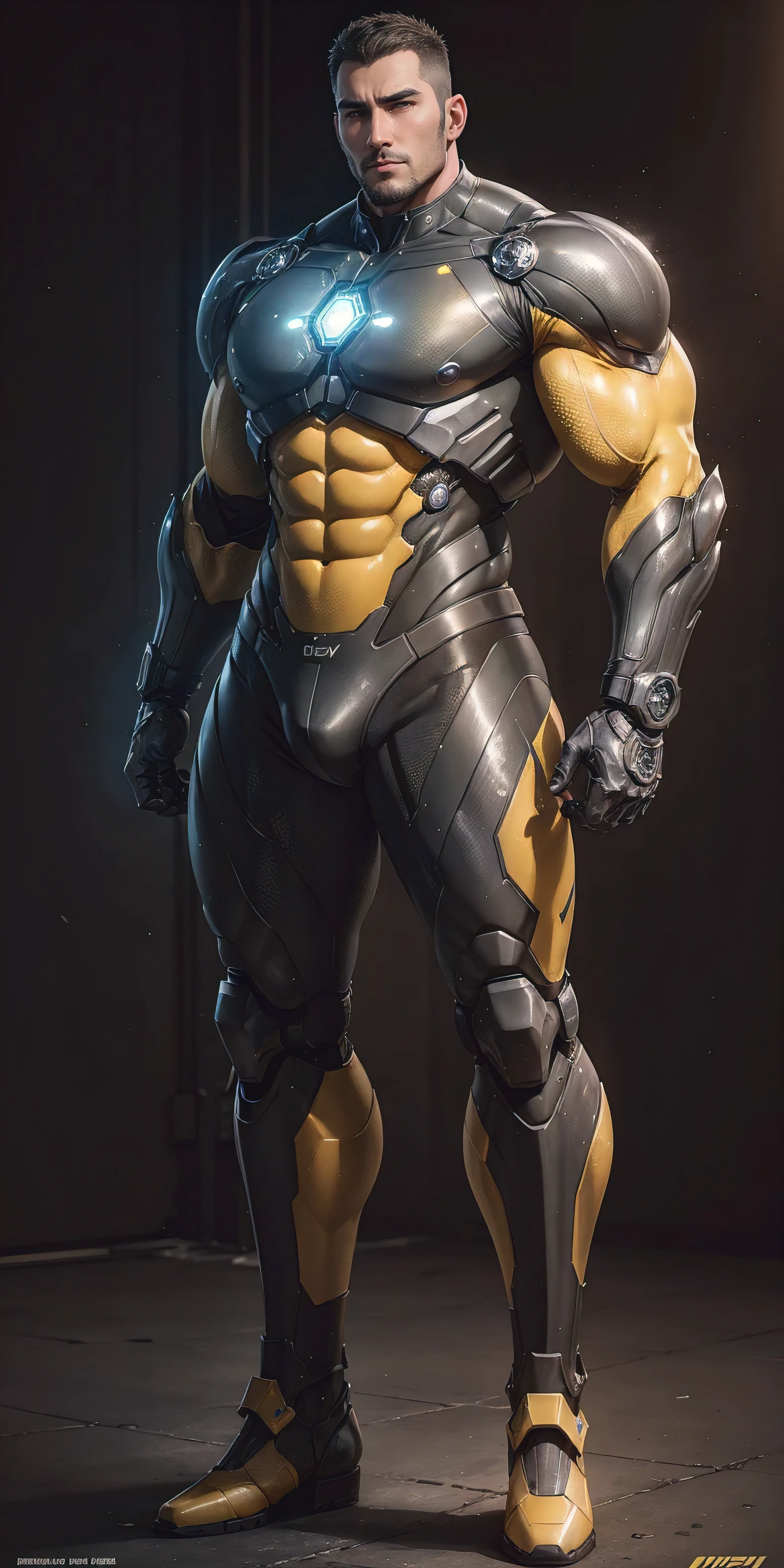 Tall giant muscular police officer,Yellow-gray honeycomb network pattern nano mecha,A giant mechanical wing with colorful light effects behind it,Character Concept(Resident Evil - Chris Redfield,Chris Redfield)senior police officer,Small grid texture,Regular symmetrical texture pattern,Sad expression,Deep and charming eyes,Emerald Eyes Hero,Heroic male pose,Tall burly,muscular!Attractive leg muscles,High target, Burly, Heqiang, Super Buff and Coolness, High Resolution Committee, Bigfoot yellow-gray ultra-thin nano-mechanical boots,Charismatic strongman,The bright sunshine shines on you,Matte particles,Shiny texture