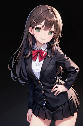 ((masterpiece, Highest quality, High resolution, 超High resolution, Pixel perfect, Depth of written boundary, 4K, RTTX 10.0, High resolution))), One girl, single, alone, Beautiful Anime Girls, Beautiful art style, Anime characters, ((Long Hair, bangs, Dark brown hair, Simple hairpin)), ((Green Eyes:1.4, Perfect Eyes, Beautiful eyelashes, Realistic eyes)), ((Detailed face, blush:1.2)), ((Smooth texture:0.75, Realistic texture:0.65, Realistic:1.1, Anime CG style)), Medium chest, ((Dynamic Angle, Cowboy Shot)), Perfect body, ((Red bow tie, , Black jacket, Open jacket, Brown cardigan, White shirt, Black Skirt, Checked skirt)), smile, Put your hands behind your back, Leaning forward, amusement park