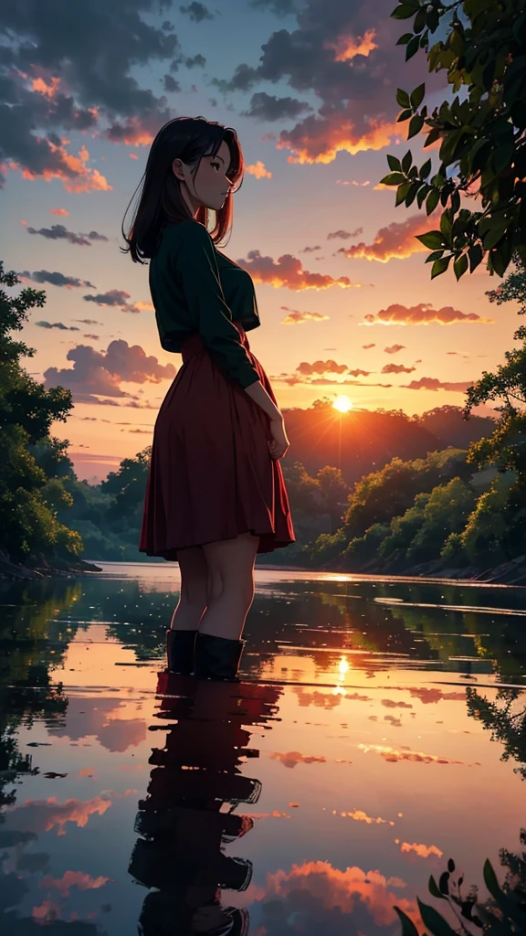 Every sunset carries the promise of a new dawn. Accept the outcome, Paving the way for a beautiful beginning. Nature painting. green, red tint, cloudy, sunset, green、A woman is reflected in the photo.