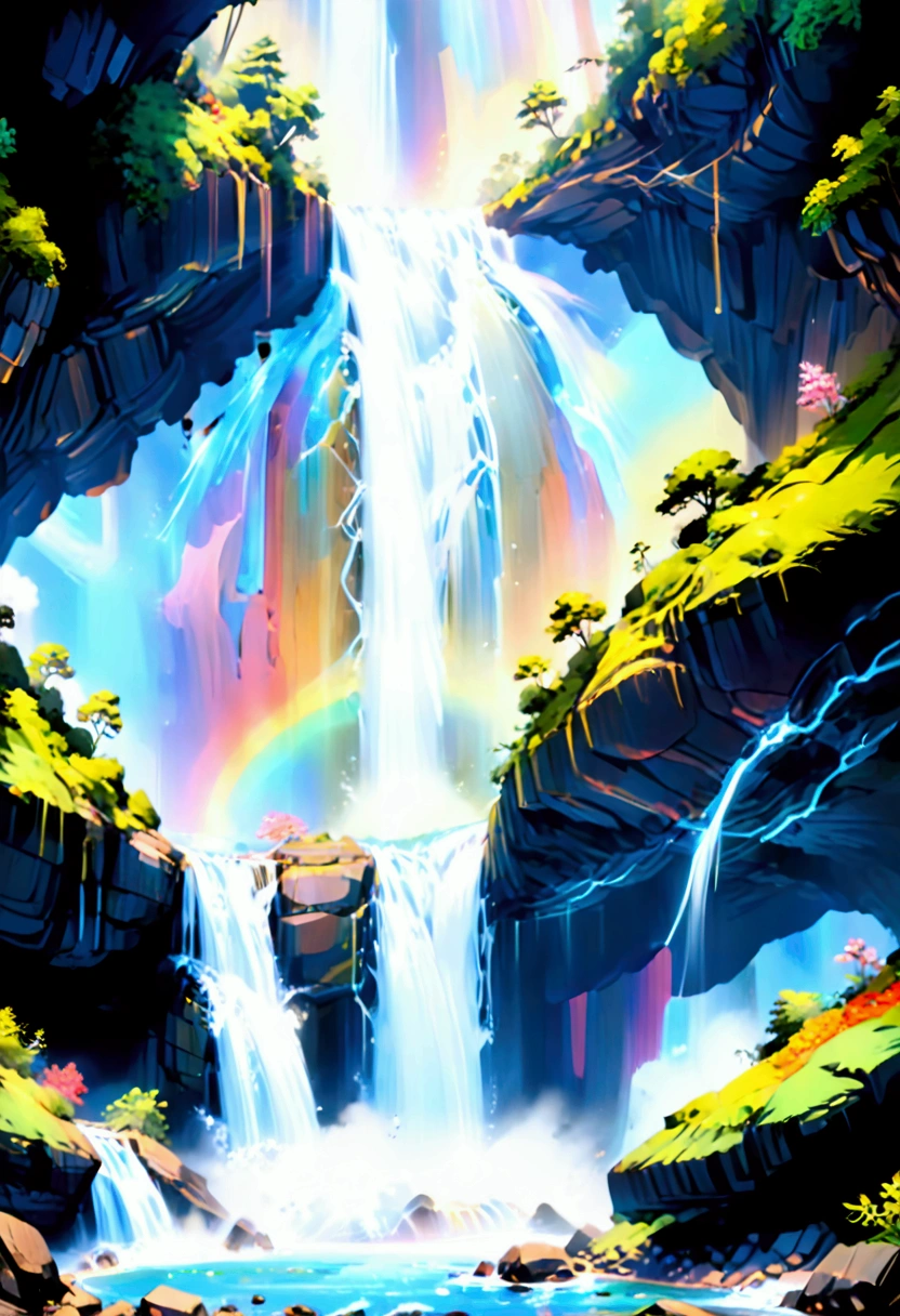 a ((low angle shot: 1.5)), from below of an epic waterfall, there is an epic waterfall coming out of an epic cliff, ((standing really close to the waterfall)) the water coming down in earnest, there is a rainbow reflected on the  water, vibrant, Ultra-high resolution, High Contrast, (masterpiece:1.5), highest quality, Best aesthetics), best details, best quality, highres, 16k, (ultra detailed: 1.5), masterpiece, best quality, (extremely detailed) RAW, (ultra details, Masterpiece, best quality), chumbasket art style, ral-czmcrnbw, Cinematic Hollywood Film