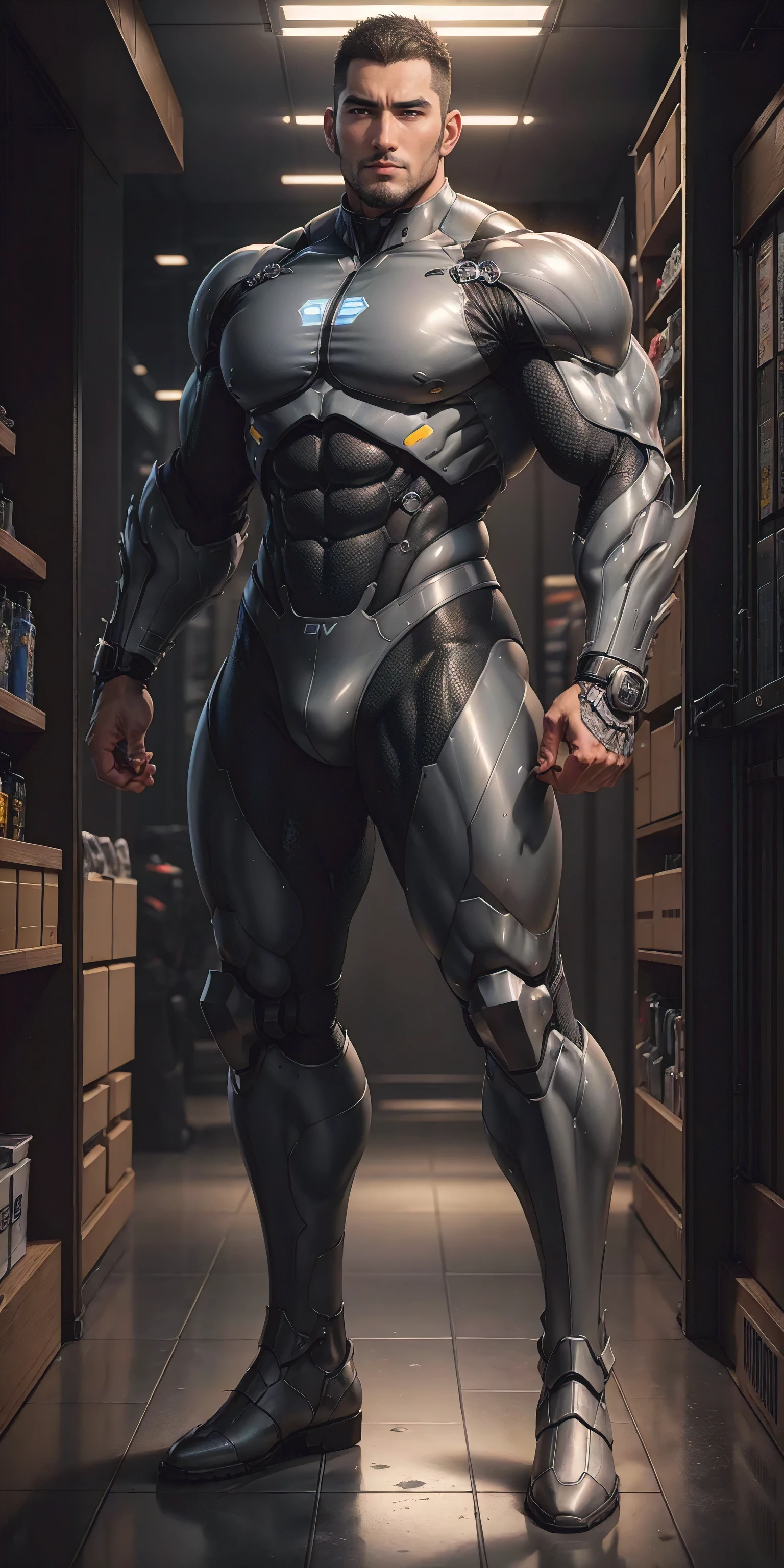 Tall giant muscular police officer,Yellow-gray honeycomb network pattern nano mecha,Giant mechanical wings,Character Concept(Resident Evil - Chris Redfield,Chris Redfield)senior police officer,Small grid texture,Regular symmetrical texture pattern,Sad expression,Deep and charming eyes,Delicate and perfect eyes,Heroic male pose,Tall burly,muscular!Attractive leg muscles,High target, Burly, Heqiang, Super Buff and Coolness, High Resolution Committee, Bigfoot yellow-gray ultra-thin nano-mechanical boots,Charismatic strongman,The bright sunshine shines on you,Matte particles,Shiny texture
