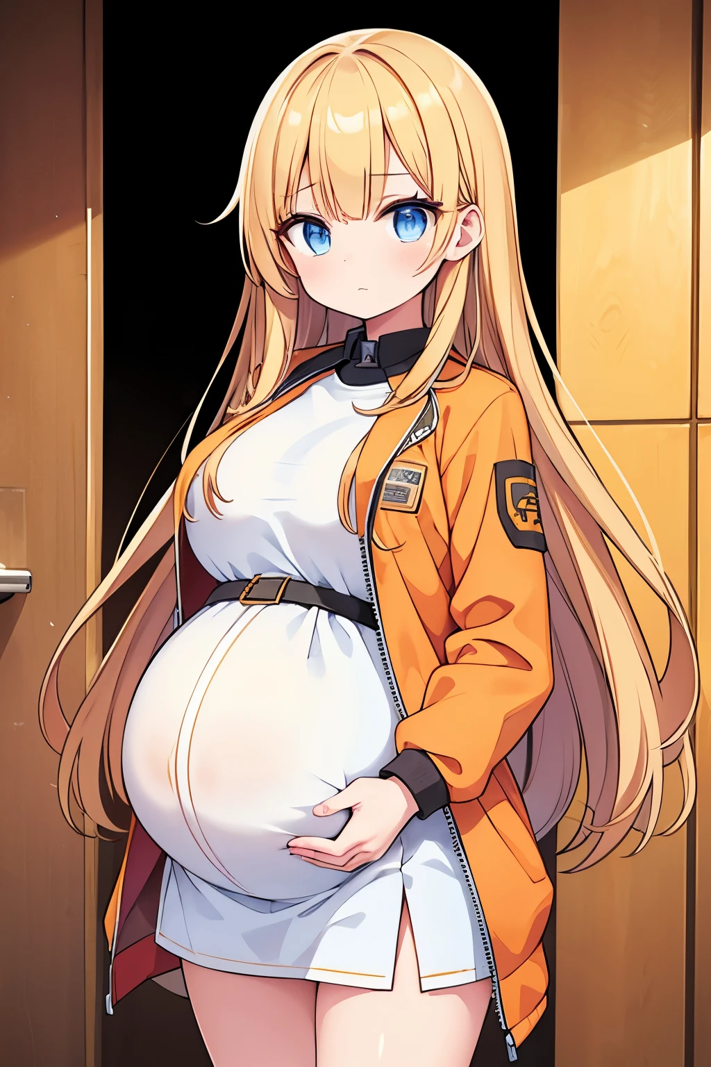 (high quality), 1girl, young girl, long hair, prisoner, (pregnant), orange prison uniform, jacket, standing, prison background, blueprint, (comfortable expressions, detailed eyes, facing at front)