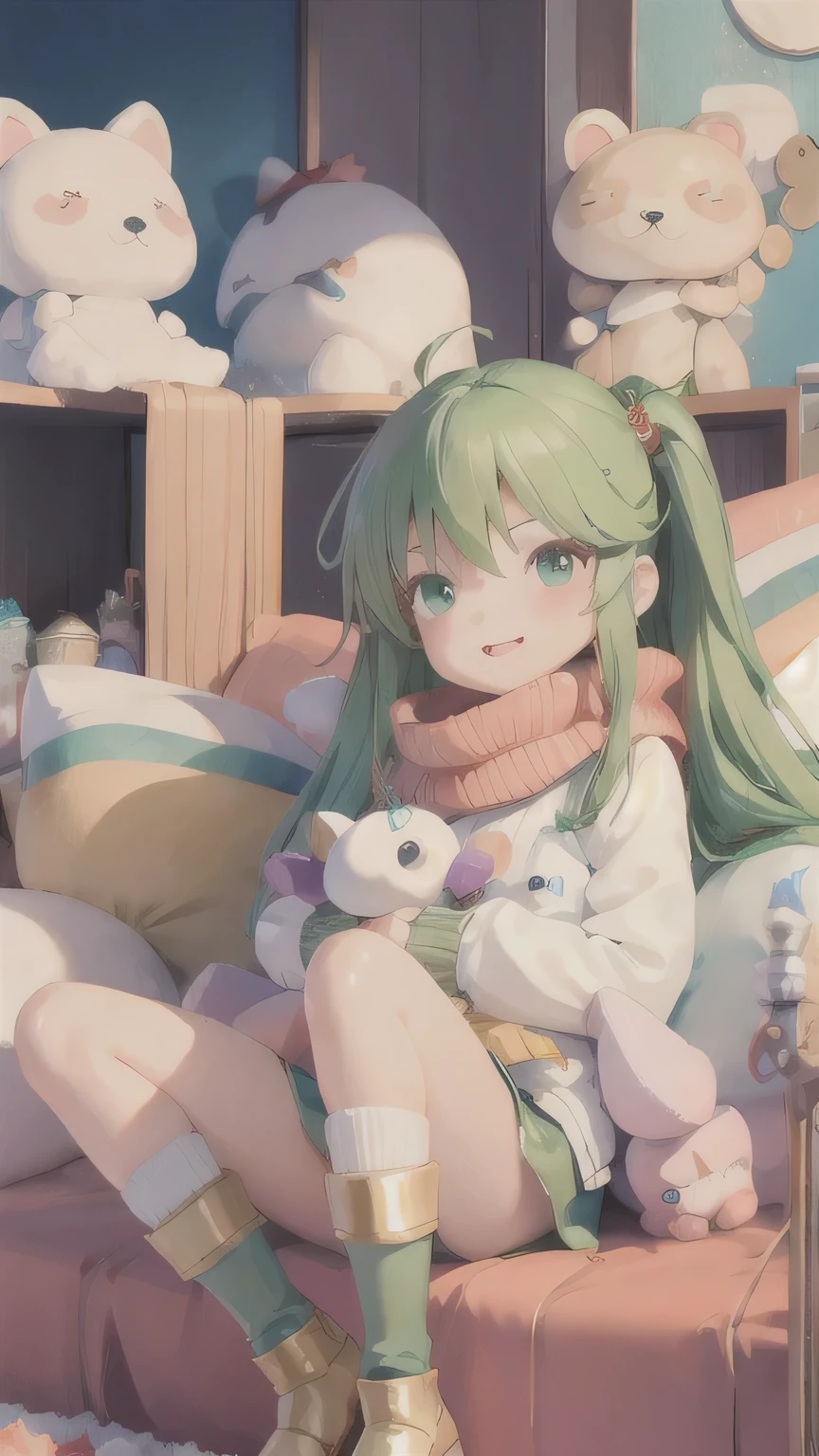 ((best quality)), ((masterpiece)), (detailed), Tarot cards, twilight, solar system,
Lounging in bed,
Two smiling girls, many stuffed animals,
4 heads, tied emerald curls wet long, knee socks, thick-soled boots,
gold embroidery, winter clothes, scarves, pastel colors,
Fancy room with clutter, toon rendering style,