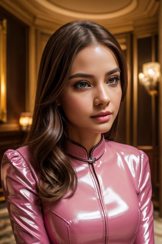 a young woman with light brown hair, beautiful detailed eyes, beautiful detailed lips, extremely detailed face, longeyelashes, wearing a polished pink latex cheongsam dress, french kissing a scarred man in a dark cotton suit, in a mansion room, spy, night, dark, sensual, (best quality,4k,8k,highres,masterpiece:1.2),ultra-detailed,(realistic,photorealistic,photo-realistic:1.37),HDR,UHD,studio lighting,ultra-fine painting,sharp focus,physically-based rendering,extreme detail description,professional,vivid colors,bokeh,portraits