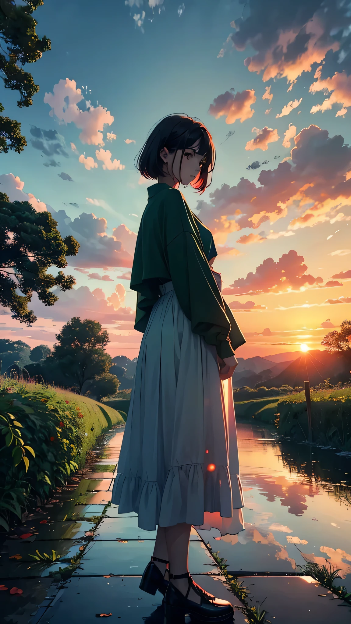 Every sunset carries the promise of a new dawn. Accept the outcome, Paving the way for a beautiful beginning. Nature painting. green, red tint, cloudy, sunset, green、A woman is reflected in the photo.