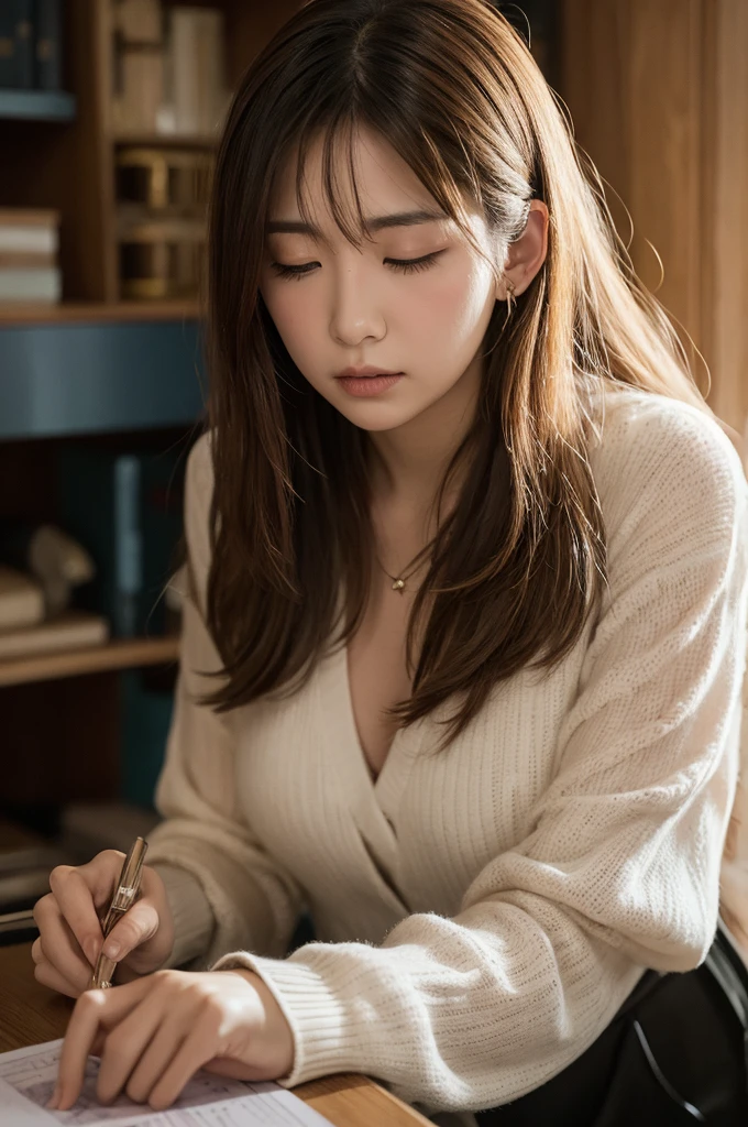 masterpiece, best quality, 4k, illustration,(1girl),1girl, realistic, photo \(medium\), extremelydetailedCGunity8kwallpaper,bestquality, the beautiful girl is siting but sleeping on her sketch book on the desk, pen nerby , crytal bal, long brown hair, hair hair ornament,straight hair, pink dress, indoor, photo background, sharp forcus,