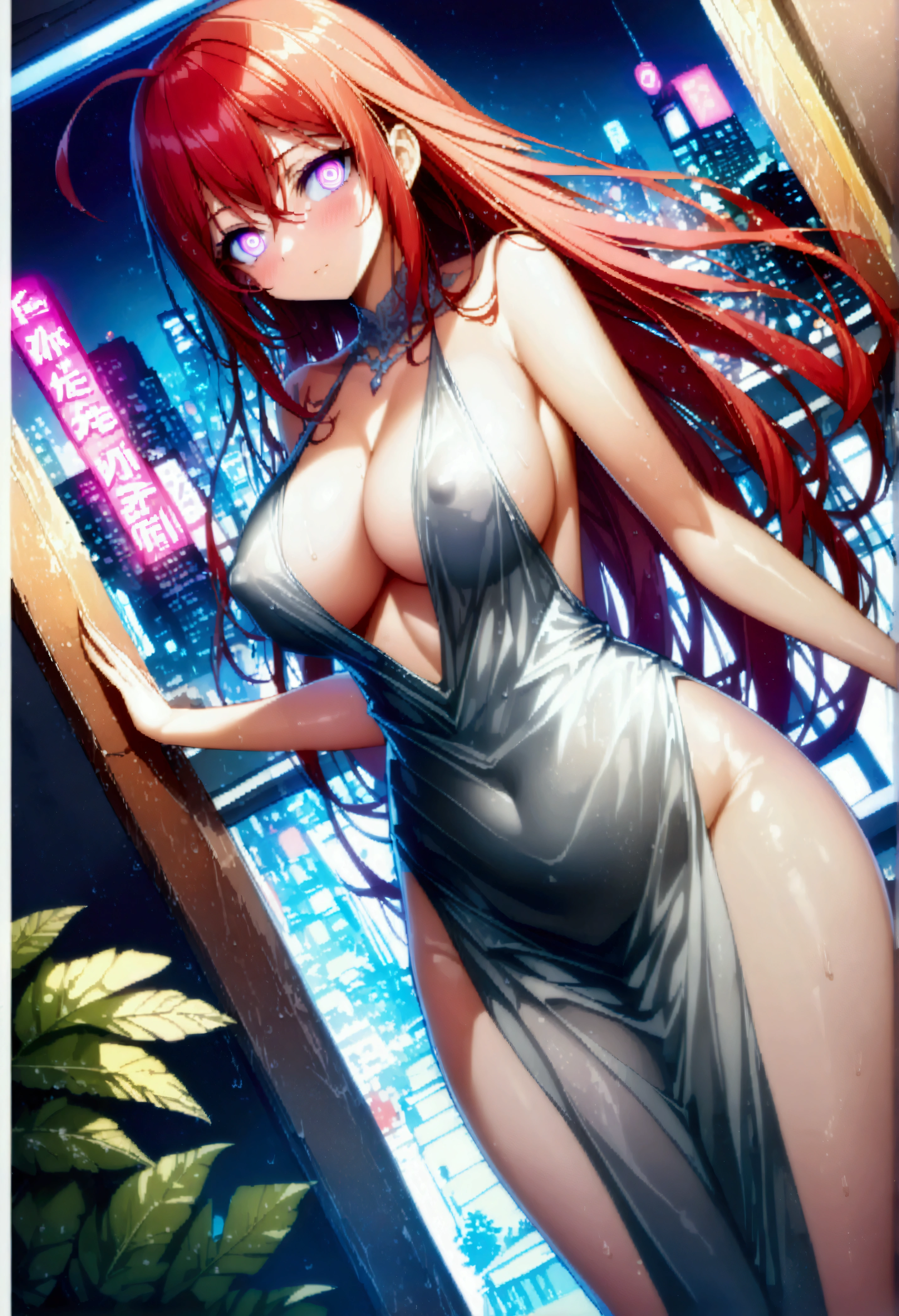 women are、Curvy and Slender、Absurd、(Detailed Background:1.3)、BREAK (dxdRG、Redhead、Ahoge、Long Hair、Big Breasts:1)、(ruanyi0739、Backless dress、Cleavage、Evening Gowns、halter dress、Deep neckline、Silver Dress、Pelvic Curtain:1)、BREAK 1girl、solo、(Add Layer:1.3)、A broad perspective、Magnificent panoramic view、Look Around、、(whole body:1.6)、(Ultra detailed face、Ultra-detailed eyes:1.3)、(Dutch Angle:1.2)、((form above:1):1.4)、(Covered nipples:1)、(Erect nipples:0.8)、()、Steaming coffee cup by the window、Plants on the windowsill、Plant 、Monstera plant、Large plants、tidy bedroom、Small room、Cramped bedroom、Cyberpunk city view outside the window、Neon Light、紫色のNeon Light、rain、外のrain、窓のrain、