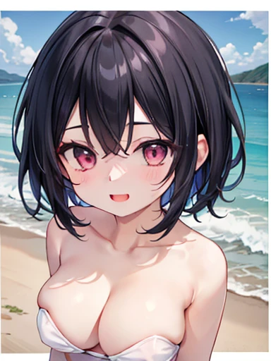 (The pieces fly, Highest quality, High resolution, Ticker, Pixel perfect, Depth of written border, In 4K),
1 girl, alone, , Beautiful Anime Girls,
View your viewers,
Perfect body,
short hair, Black Hair, (Pink Eyes, Big Breasts:1.2),
smile, Open your mouth,
White ruffled bikini, Strapless,
Beach, summer,
throw, From above, Upper Body, concentrated , Close-up shot,
Upward glance,