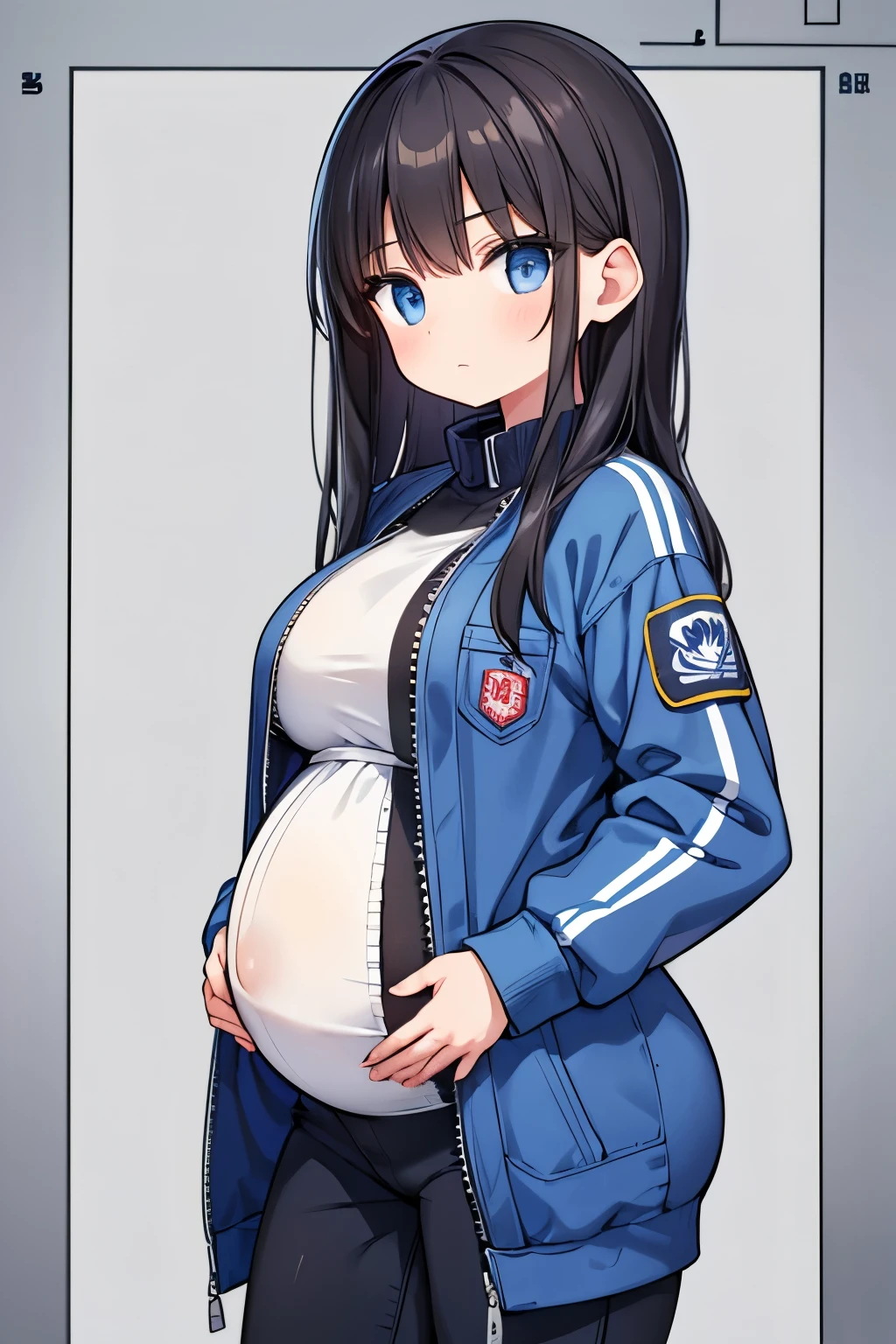 (high quality), 1girl, young girl, long dark hair, prisoner, (pregnant), prison uniform, jacket, standing, prison background, blueprint, (comfortable expressions, detailed eyes, facing at front)