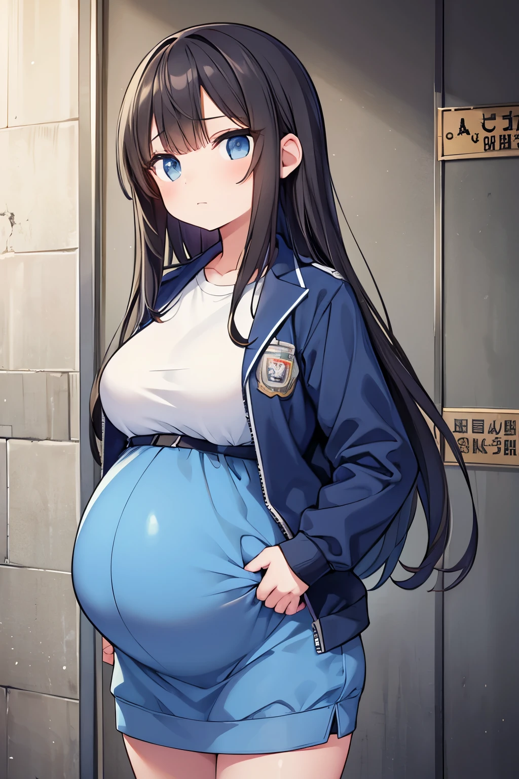 (high quality), 1girl, young girl, long dark hair, prisoner, (pregnant), prison uniform, jacket, standing, prison background, blueprint, (comfortable expressions, detailed eyes, facing at front)