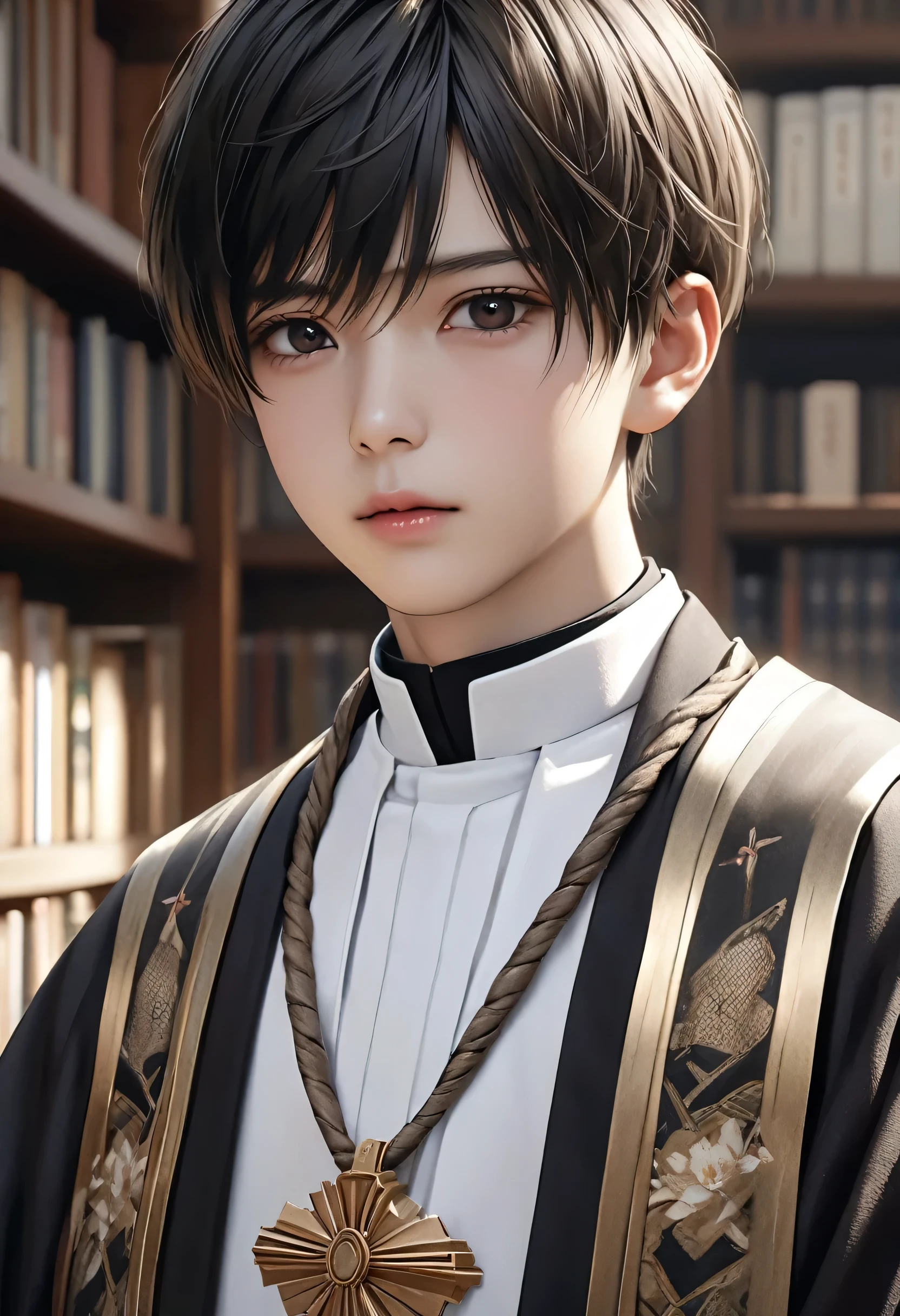 high quality, detailed, Realistic,(one  japanese bishop boy:1.5), (detailed black eyes), (black short hair), library,(detailed nipples), best quality, 4k, 8k, highres, (masterpiece:1.2),ultra-detailed, (realistic, photorealistic, photo-realistic:1.37), (face close up:0.7),--no watch,