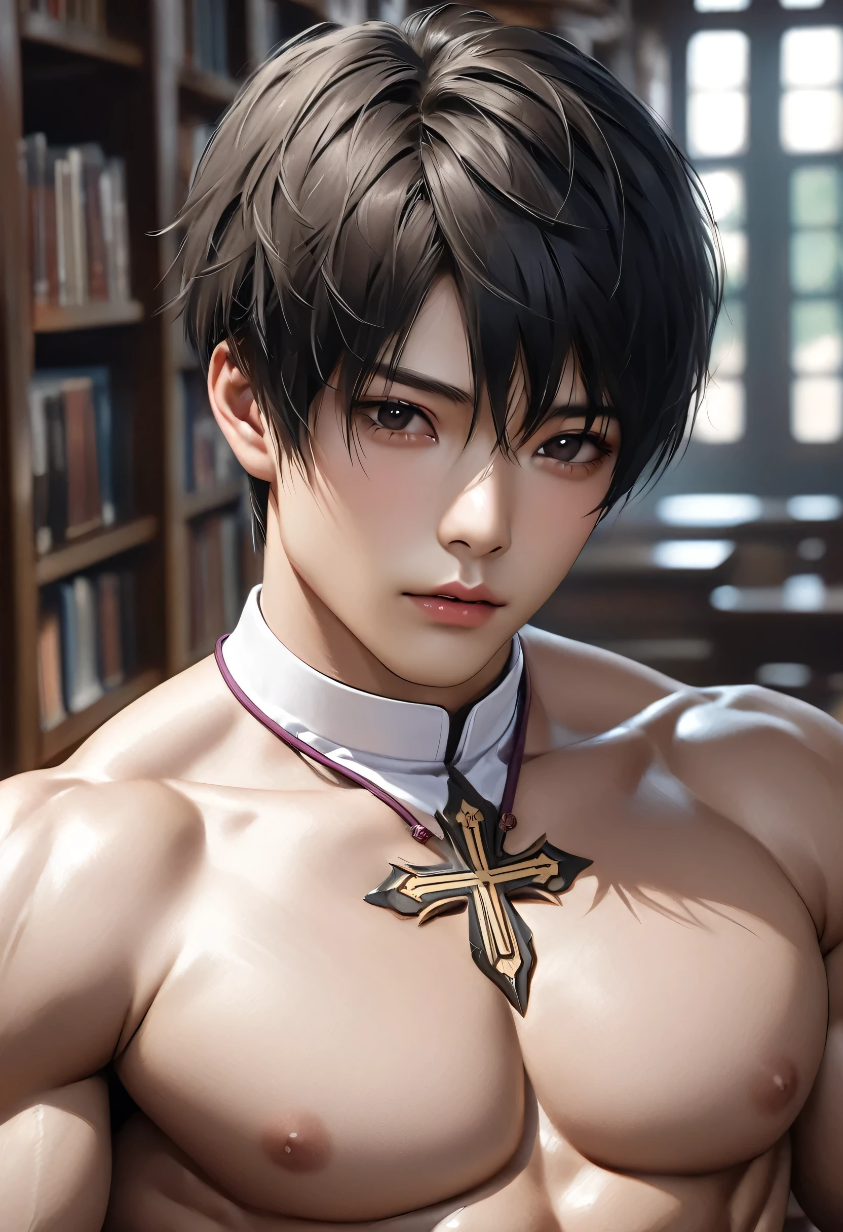 high quality, detailed, Realistic,(one 24 years old japanese bishop boy:1.5), (detailed black eyes), (black short hair), (muscle:1.2), library, (bulge), (detailed nipples), detailed areola, best quality, 4k, 8k, highres, (masterpiece:1.2),ultra-detailed, (realistic, photorealistic, photo-realistic:1.37), (face close up:0.7),--no watch,