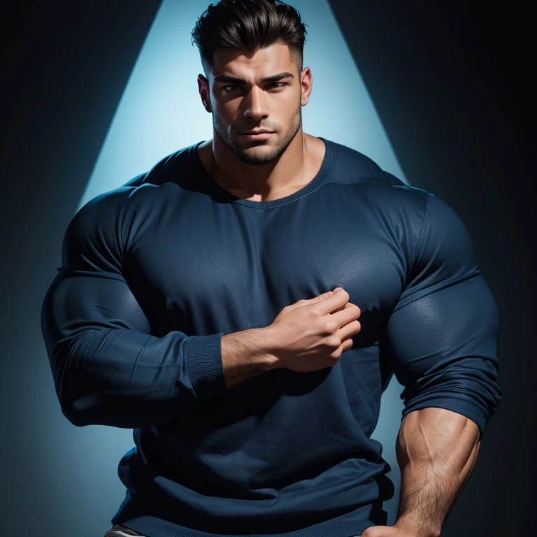 a very handsome young man, massively muscular, with massively large muscles, with massively large biceps, with massively large arms, wearing a simple blue sweatshirt with long sleeves, on a black background