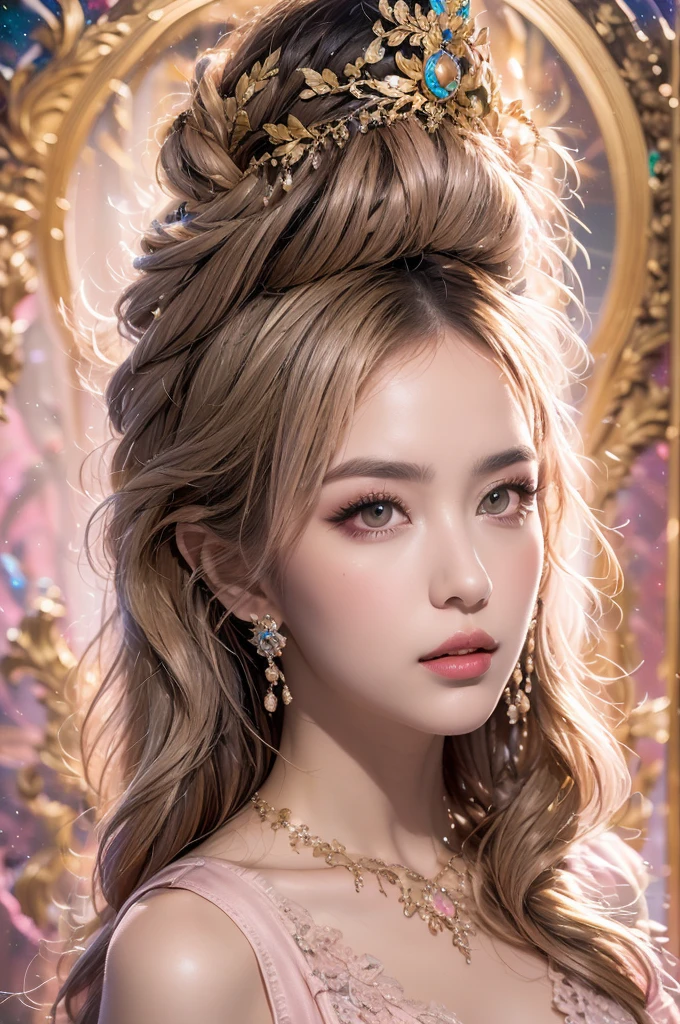 最high quality,Tabletop,超High resolution,(Photorealistic:1.4), High angle,かわいい赤ちゃんgoddess,High skin perfect facial proportions,goddessアテナ,Pink and purple silk dress, 傷のない美しいgoddessアサテナの顔, Multicolored silk nightgowns, Plenty of lace detailing、Slim, long-length ladies nightgown, goddess伝説, goddessのシンボル, 美しいgoddess風のグリッター, Dark and mysterious version, Small Crown, (Well-balanced, Beautiful Lips, Delicate glossy lips,細かくてBeautiful Lips:1.9), Sacred Body, Phoenix Brooch, Long Bangs, Clear and beautiful face and extremely beautiful eyes, (Big round eyes,Very pretty blonde hair, Long blonde hair),Brilliant hanging in the sky, The photo is real, Empty:1.8), Imaginary art, RAW Photos, hanfu pictures, Best Photos, High resolution, 最high quality, Best Photos, Surreal Portraits, surreal photos, 8K quality, The most beautiful portraits of saints, Shining Jewelry, A masterpiece of beautiful colours, Upper Body, Tyndall effect, Actual Photos, Dark studio, Border Light, (Dark 8-color pink detail: High resolution, Soft Light, high quality, Smooth and sharp, 10x pixelation, goddess: 1.8), (Beautiful eyeshadow background: 1.8), (Background position galaxy: 1.8), Gap, (The best gaping eyes, Perfect Eyes, Cute Girl Solo: 1.8)