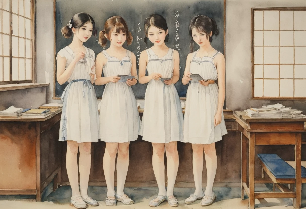 Japanese watercolor painting, 3girls in knee length white chemise, bare arms, bare foot, standing on weight scale, in classroom,