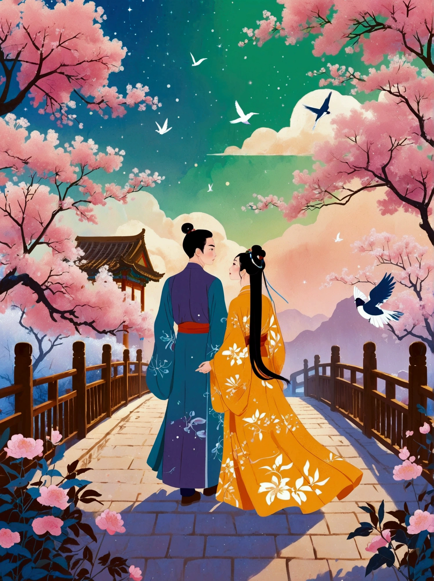 (((8k,Bright colors,Bright,Ultra high saturation,rgb, Colorful))), Chinese style,(in love:1.5),(((Flat poster design))),There are two people on the poster,Cowherd and Weaver Girl standing on an elegant bridge,The background is dreamy pink and purple,White magpies circling around them in the night sky,Surrounded by stars,Create a dreamy atmosphere,It is created in the style of Hayao Miyazaki's anime,In the foreground,There are some flowers in front,High Definition,High Detail,Dunhuang mural style,Dunhuang bright colors,Dunhuang Elements,Flat illustration