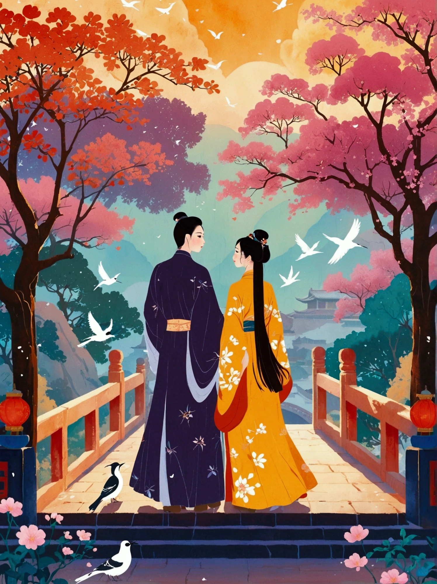 (((8k,Bright colors,Bright,Ultra high saturation,rgb, Colorful))), Chinese style,(in love:1.5),(((Flat poster design))),There are two people on the poster,Cowherd and Weaver Girl standing on an elegant bridge,The background is dreamy pink and purple,White magpies circling around them in the night sky,Surrounded by stars,Create a dreamy atmosphere,It is created in the style of Hayao Miyazaki's anime,In the foreground,There are some flowers in front,High Definition,High Detail,Dunhuang mural style,Dunhuang bright colors,Dunhuang Elements,Flat illustration