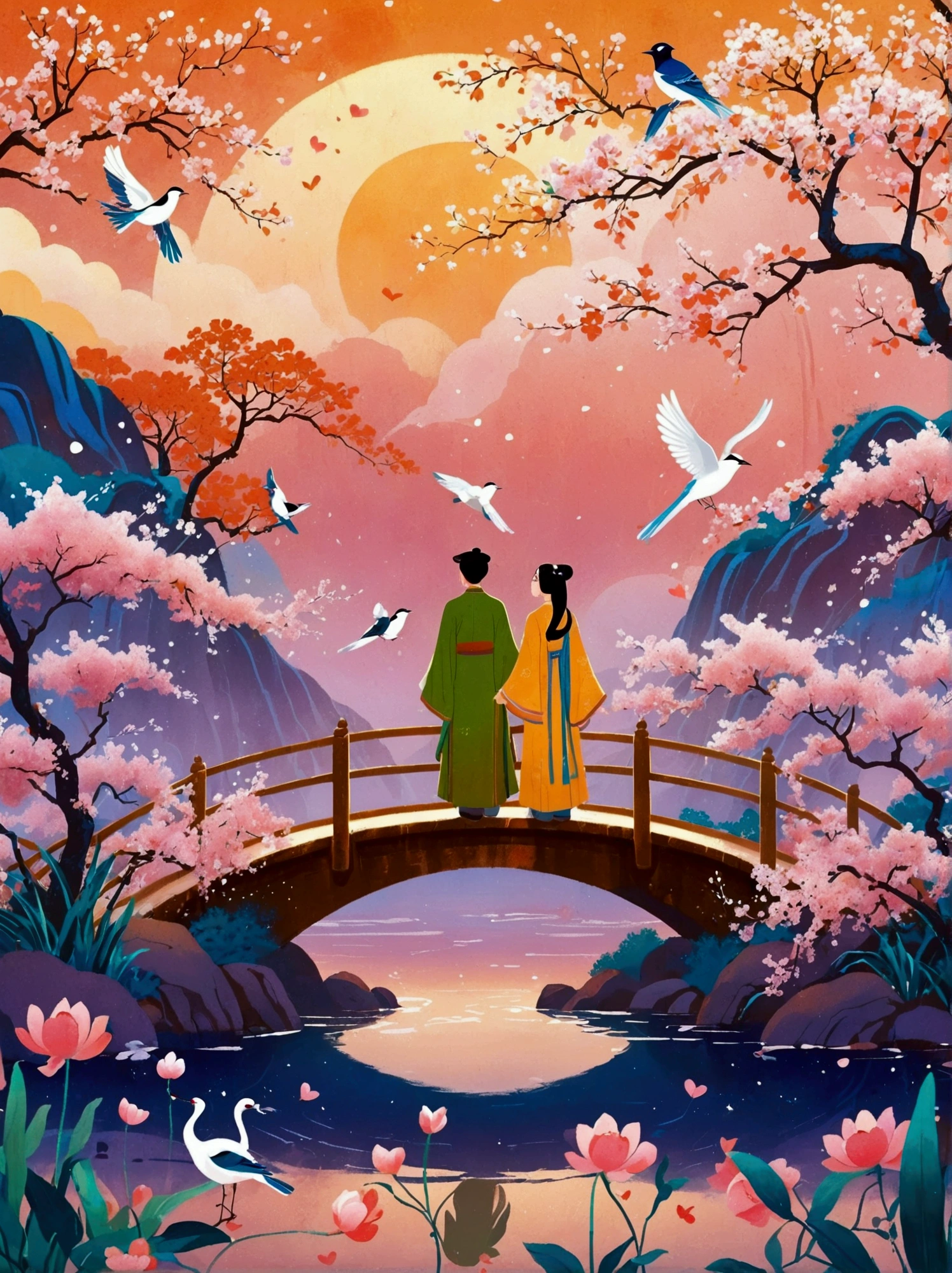 (((8k,Bright colors,Bright,Ultra high saturation,rgb, Colorful))), Chinese style,(in love:1.5),(((Flat poster design))),There are two people on the poster,Cowherd and Weaver Girl standing on an elegant bridge,The background is dreamy pink and purple,White magpies circling around them in the night sky,Surrounded by stars,Create a dreamy atmosphere,It is created in the style of Hayao Miyazaki's anime,In the foreground,There are some flowers in front,High Definition,High Detail,Dunhuang mural style,Dunhuang bright colors,Dunhuang Elements,Flat illustration
