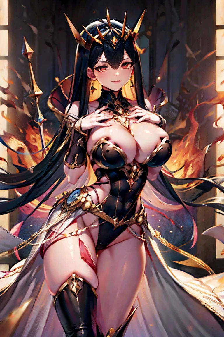 tiara, red eyes, long hair, hair between eyes, large breasts, cleavage, dress, cleavage cutout, bare thighs, high-leg, fingerless gloves, bare fingers gloves, perfect hands, perfect fingers, elbow gloves, bare shoulders, fearless face, 5 finger, 4 finger and 1 thumb, showgirl skirt, adult face, super detailed hands and fingers, deep detailed hands and fingers, extremely ultra detailed beautiful hands and fingers, accurate hands and fingers, ultra high res, cg unity 8k wallpaper, absurdres,