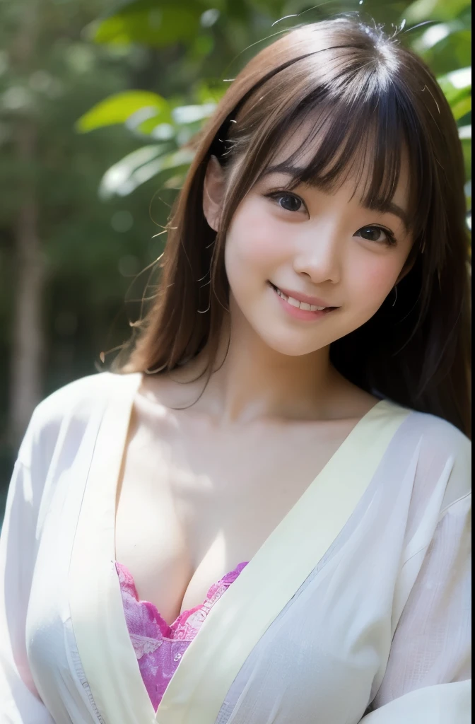 best quality, face focus, soft light, ultra high res, (photorealistic:1.4), RAW photo,(Shinozaki Ai),
1japanese girl, solo, cute, kawaii, smile, (pupil, lights in the eyes),  detailed beautiful face, (busty),(high resolution detail of human skin texture),(long hair),(portrait), chest up, white traditional kimono, in the forest,