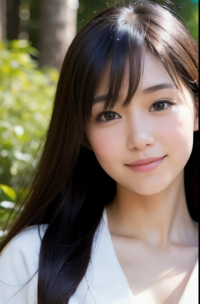 best quality, face focus, soft light, ultra high res, (photorealistic:1.4), RAW photo,(Shinozaki Ai),
1japanese girl, solo, cute, kawaii, smile, (pupil, lights in the eyes), detailed beautiful face, (busty),(high resolution detail of human skin texture),(long hair),(portrait), chest up, white traditional kimono, in the forest,