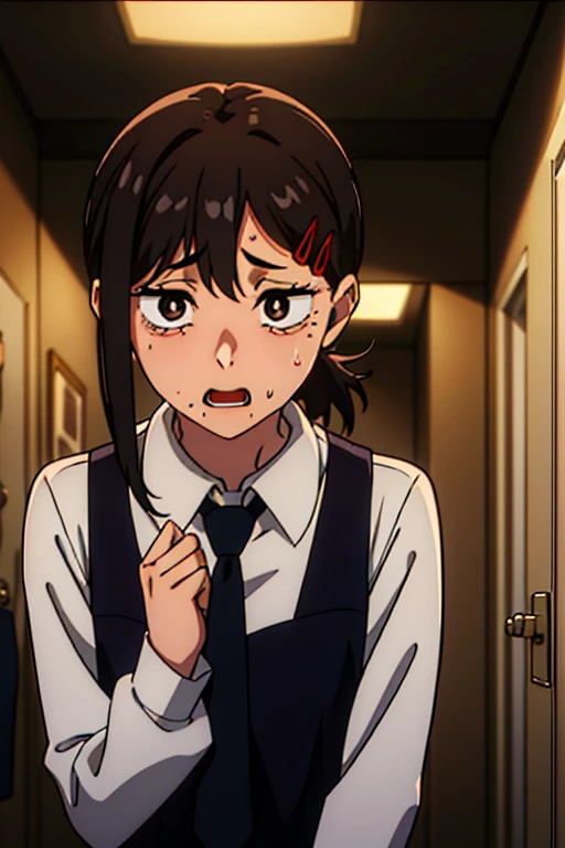 indoor, bathroom,sex,absurderes, hight resolution, ultra-detailliert, 1girl in, Kobeni, White collared shirt, neck tie, Blood on clothes, Nervous, Open mouth, Sweat, own hands together, Constricted pupils, Dark room, (Dark, darkness, pitch black, shadowy, Shaded face),