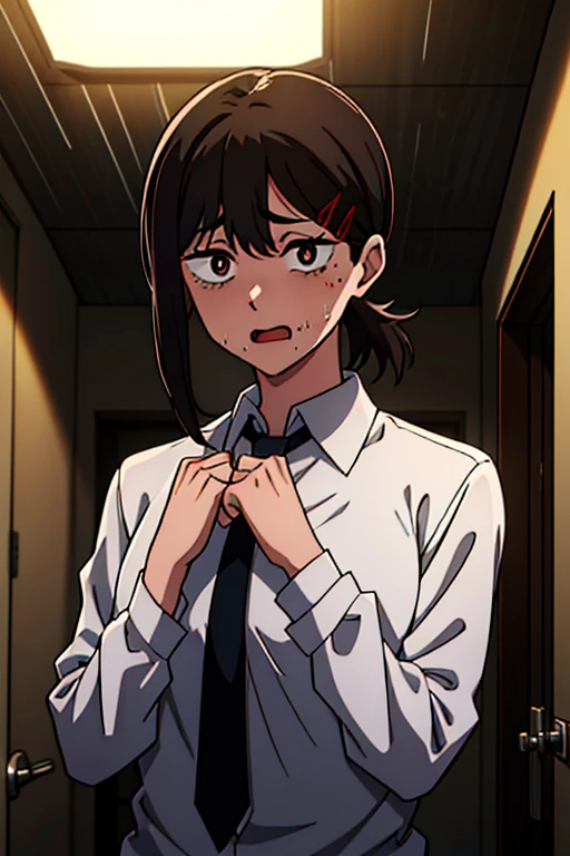 indoor, bathroom,sex,absurderes, hight resolution, ultra-detailliert, 1girl in, Kobeni, White collared shirt, neck tie, Blood on clothes, Nervous, Open mouth, Sweat, own hands together, Constricted pupils, Dark room, (Dark, darkness, pitch black, shadowy, Shaded face),