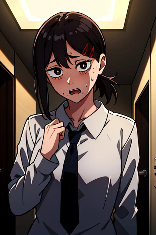 indoor, bathroom,sex,absurderes, hight resolution, ultra-detailliert, 1girl in, Kobeni, White collared shirt, neck tie, Blood on clothes, Nervous, Open mouth, Sweat, own hands together, Constricted pupils, Dark room, (Dark, darkness, pitch black, shadowy, Shaded face),