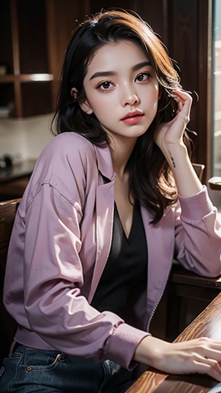 A REALISTIC IMAGE OF ALEQUINA ,beautiful young woman ,AT 20 YEARS OLD,TOTALLY PERFECT AND EVERY LITTLE,sitting in a chair,WITH HIS FACE LEANED OVER THE TABLE TALKING TO ME,JOKER'S WOMAN