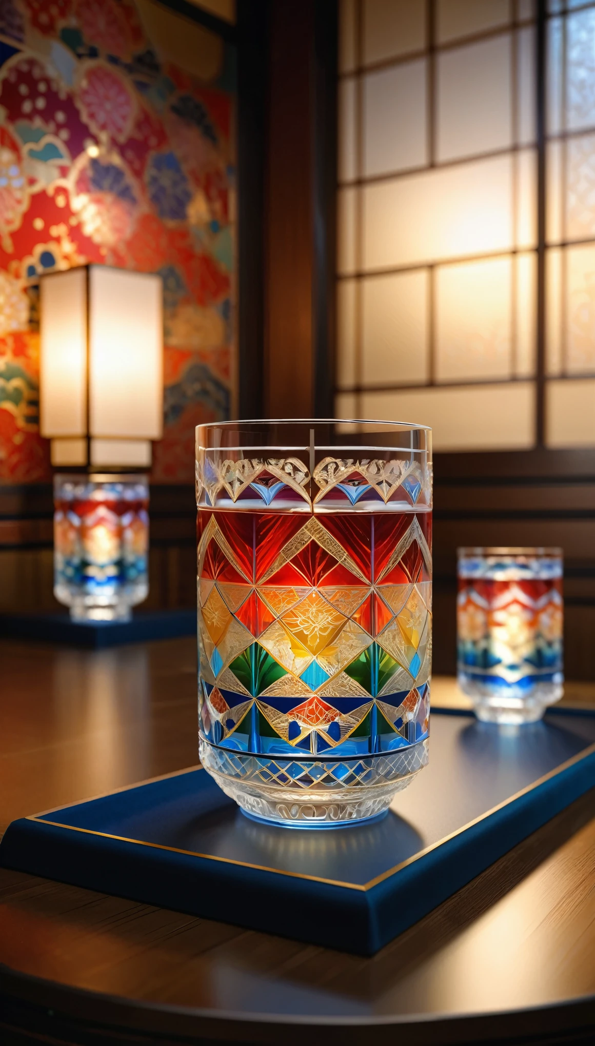 (masterpiece:1.2,Highest quality,Ultra-high resolution,Very detailed:1.2),(Photorealistic:1.5),(RAW Photos:1.5),Elaborate photos,8k,wallpaper,(Written boundary depth),(Sophisticated lighting:1.2),Beautiful glass cups are displayed in the Japanese-style room.,(A glass cup with a beautiful geometric pattern that resembles a kaleidoscope),(Japanese traditional craft style)