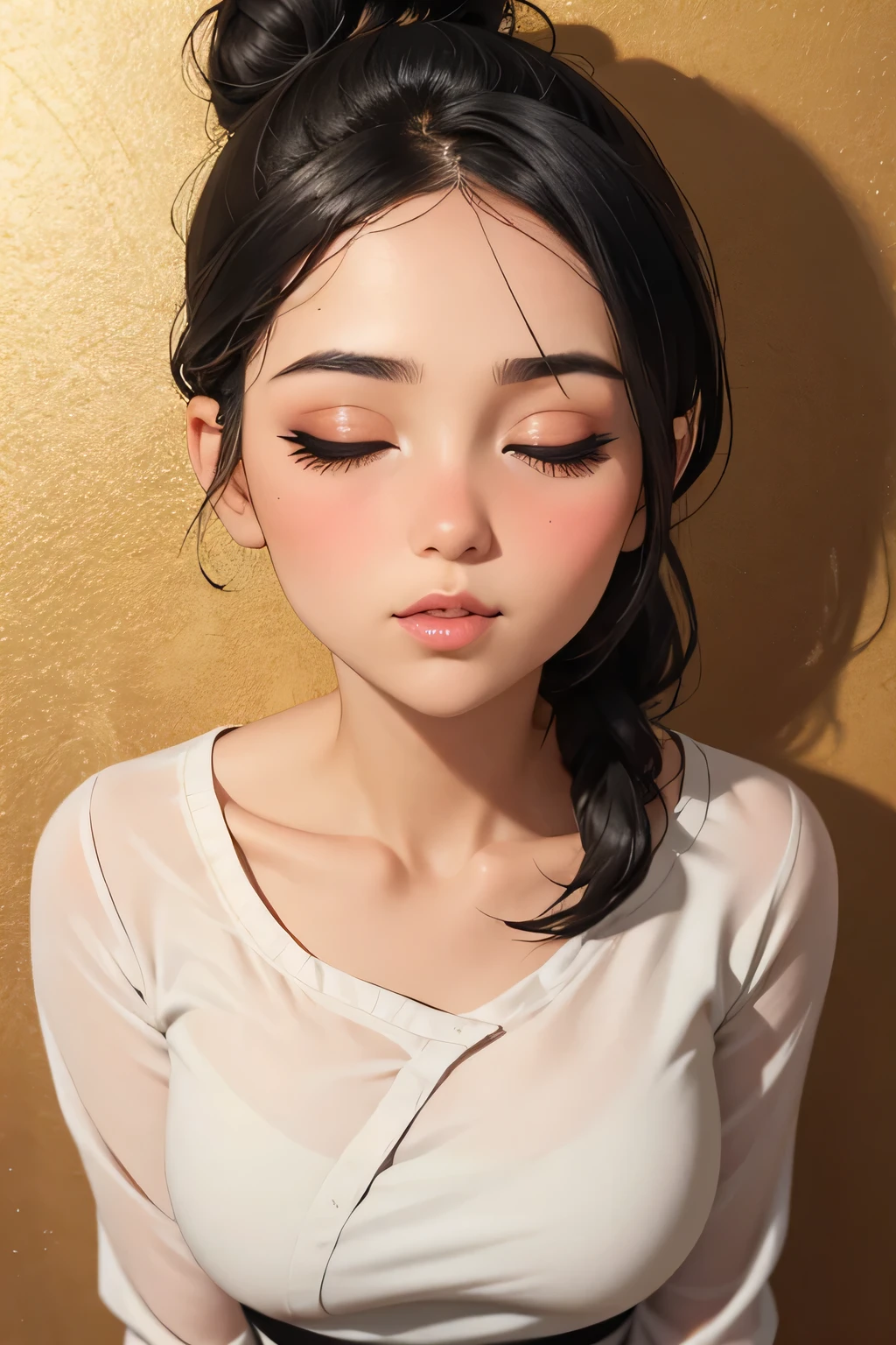 Sexy woman, black hair tied in a bun, smokey eyes, eyeliner, blushing intensely, fairest skin, plump face, soft lips, gold blouse, pinned against a wall