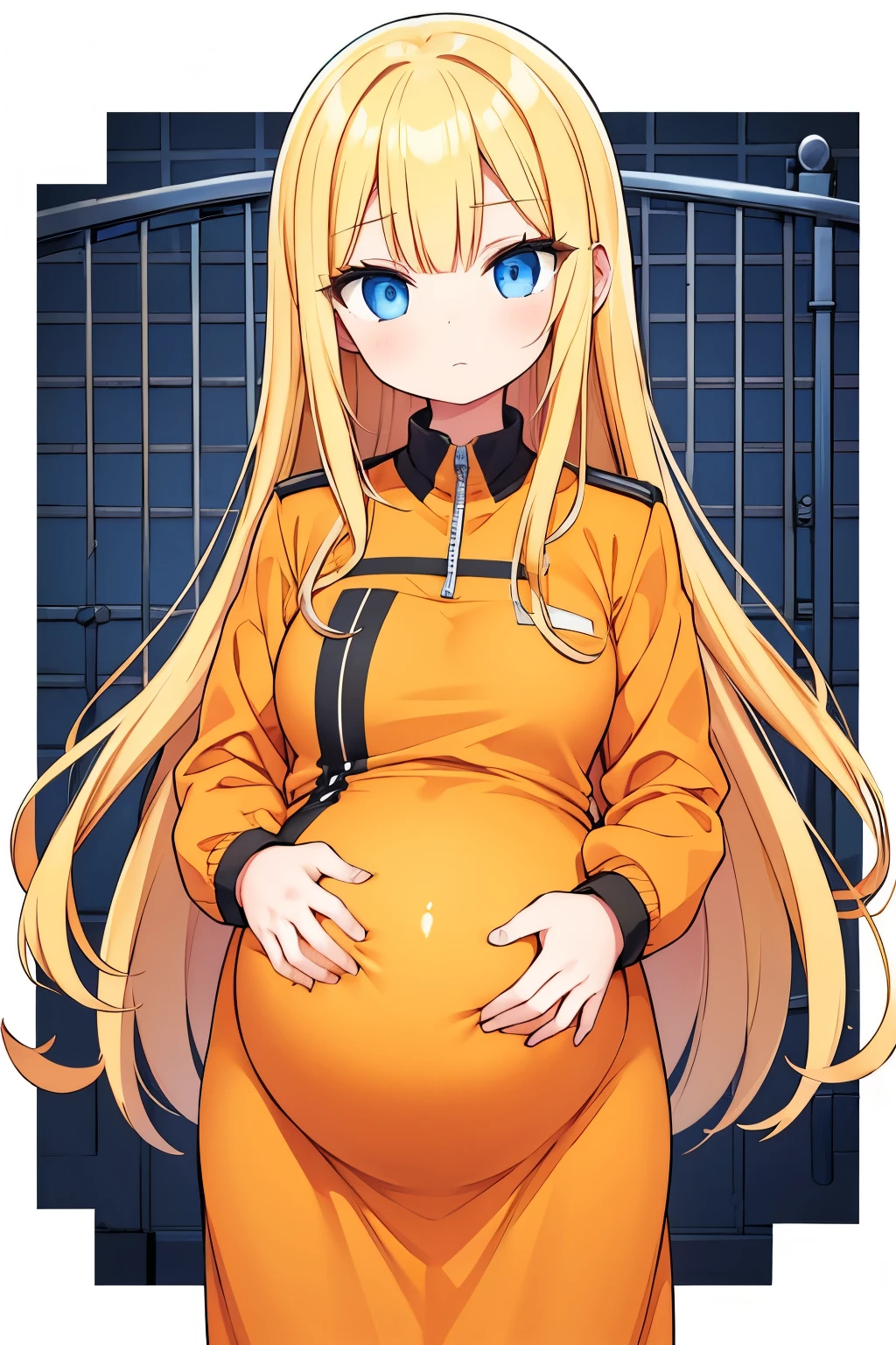 (high quality), 1girl, young girl, long hair, prisoner, (pregnant), orange prison uniform, jacket, standing, prison background, blueprint, (comfortable expressions, detailed eyes, facing at front)