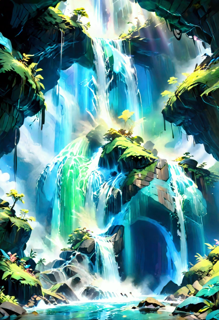 a ((low angle shot: 1.5)), from below of an epic waterfall, there is an epic waterfall coming out of an epic cliff, ((standing really close to the waterfall)) the water coming down in earnest, the water are in many shades of green, blue and the sun is refleted in them,  there is a rainbow reflected on the  water, vibrant, Ultra-high resolution, High Contrast, (masterpiece:1.5), highest quality, Best aesthetics), best details, best quality, highres, 16k, (ultra detailed: 1.5), masterpiece, best quality, (extremely detailed) RAW, (ultra details, Masterpiece, best quality), chumbasket art style, ral-czmcrnbw, Cinematic Hollywood Film