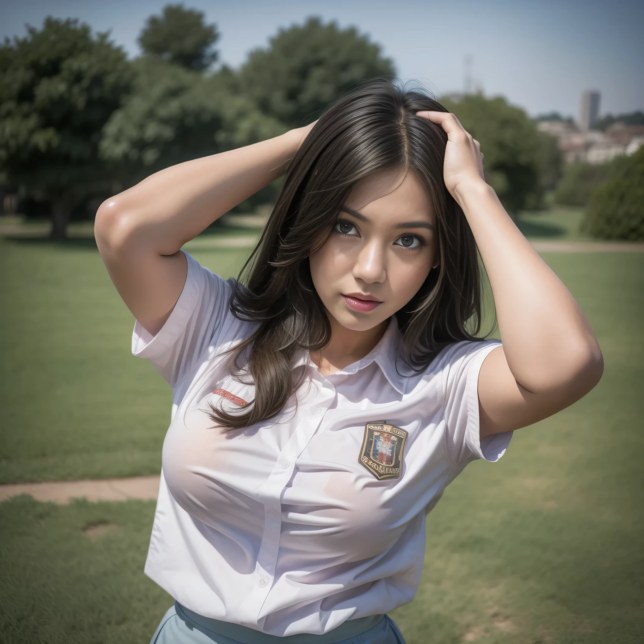 1girl, (uniform), standing, outdoors, detailed Metropolitan city at the background, (above head shot: 1.4), detailed face, detailed eyes, brunette, big breasts, smooth realistic skin, semi-curvy body, white shirt, grey blue hot miniskirt , looking at the audience, Full body view, (8k, RAW photo, best quality, masterpiece: 1.2), (realistic, realistic: 1.37), ultra-high resolution