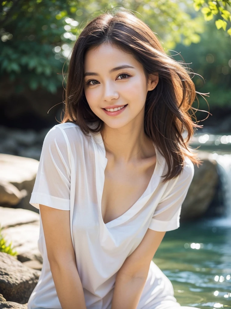 One girl, Mature Woman, photograph, Realistic, Highest quality, Glamour, pussy, white linin shirt, smile, (small breast: 1.2), Detailed face, Detailed Background, Diffused sunlight, Depth of written boundary, Bokeh, Waterfall