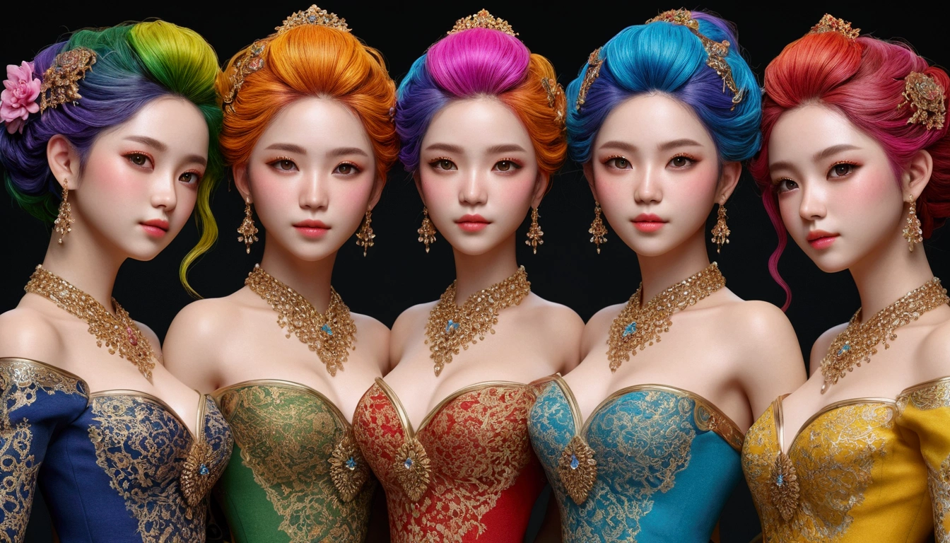 Five Girls, masterpiece, Highest quality, 8k, Detailed skin texture, Detailed cloth texture, Beautifully detailed face, Intricate details, Super detailed, ,Upper Body,Colorful Hair、Sexy