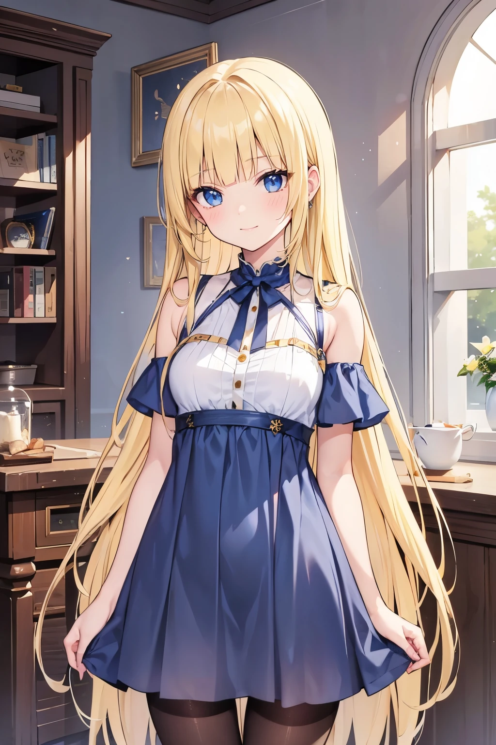 masterpiece,best quality, solo, 1 girl, female figure, yellow hair, hime cut, blunt bangs, extra long hair, crystal blue eyes, sharp detailed eyes, white pantyhose, indoors library, golden blonde hair, cowboy shot, voluminous hair, wavy hair, cute girl, (medium small breasts), (young female body: 1.4), dark blue baby doll dress, short blue baby doll dress, dark blue dress, off shoulder short sleeves, pantyhose, wearing baby_doll_dress, blue dress, bare shoulders